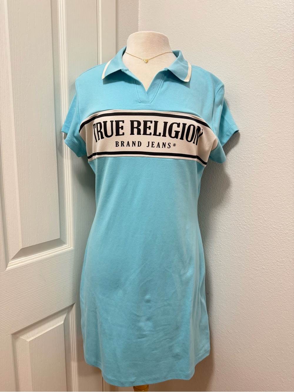 True Religion Aqua Polo Shirt Tunic with White Chest Panel